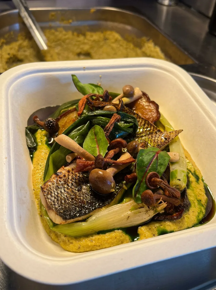 Pan-seared sea bass with wild mushrooms and seasonal greens