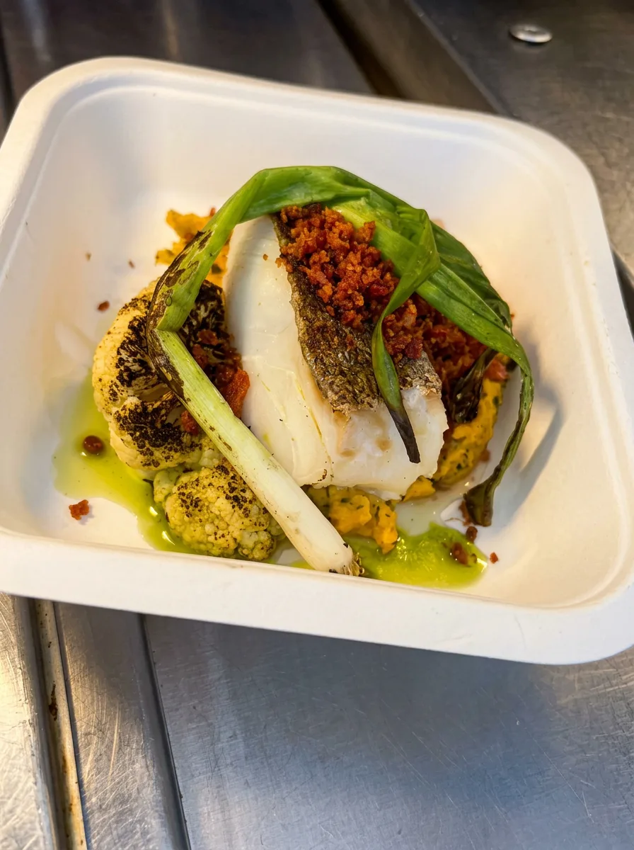 Roasted cod with cauliflower and crispy pancetta crumb