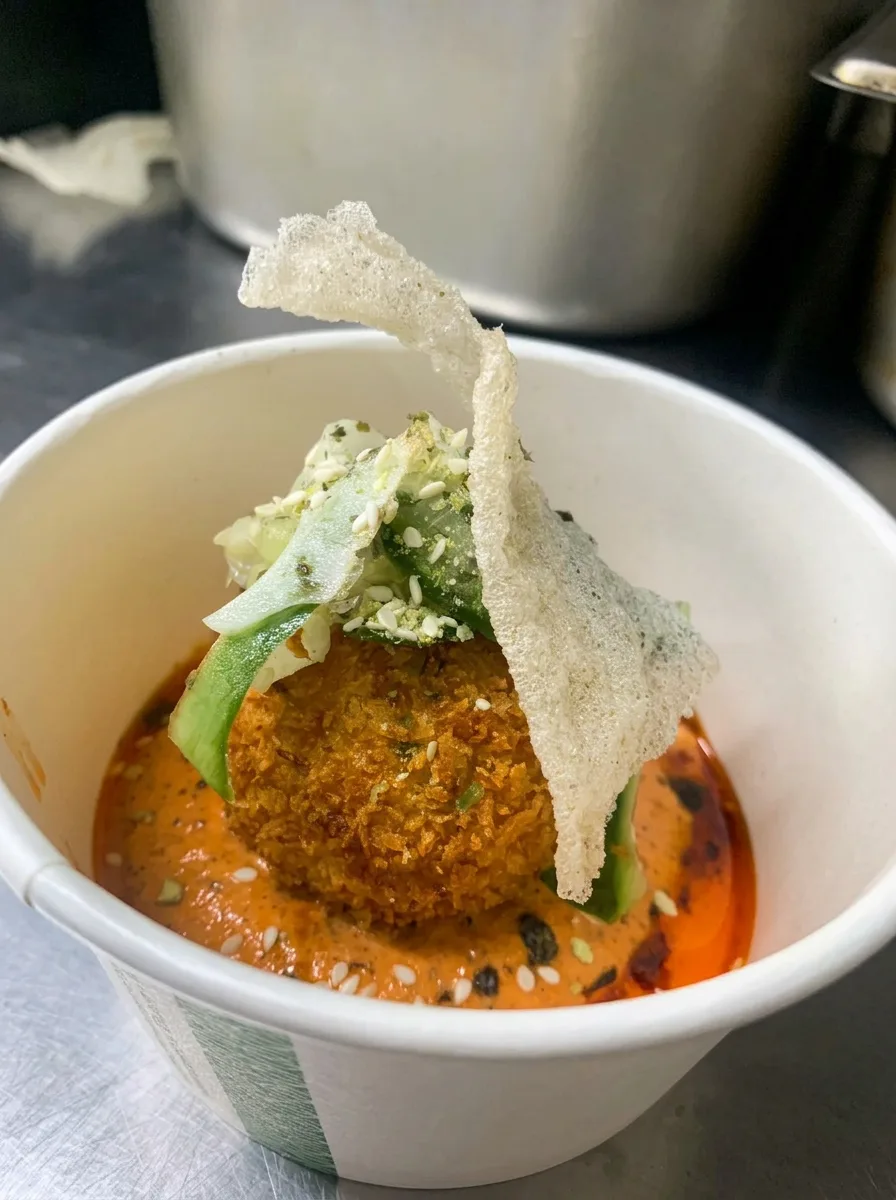Crispy arancini ball with prawn cracker garnish