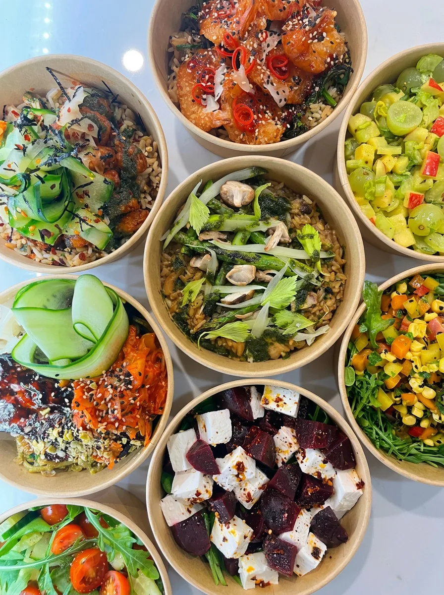 Colourful fresh salad bowls