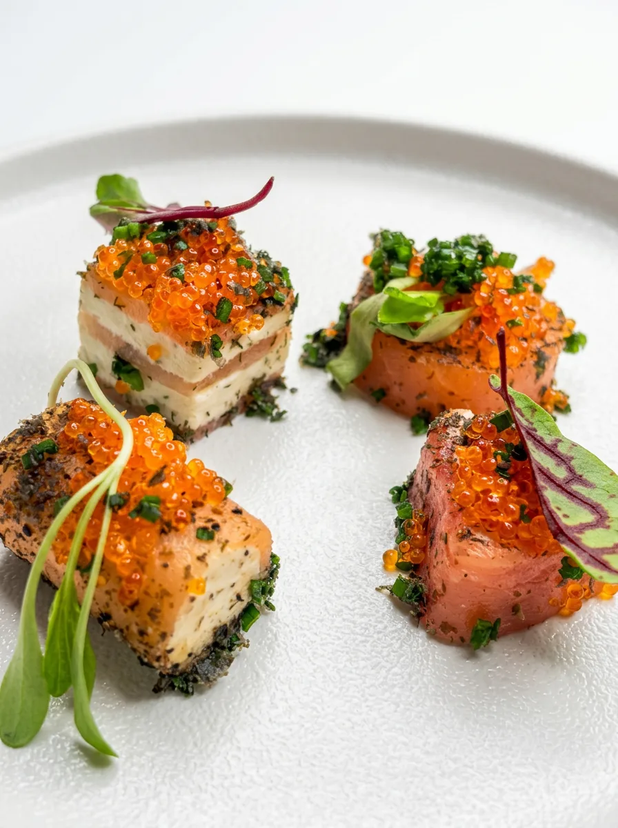 Salmon terrine with tobiko and micro herbs
