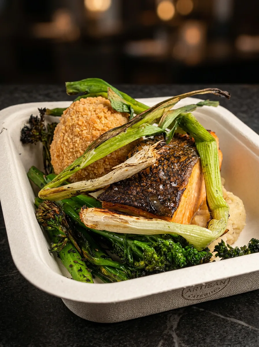 Crispy-skin salmon with charred broccoli and spring onions