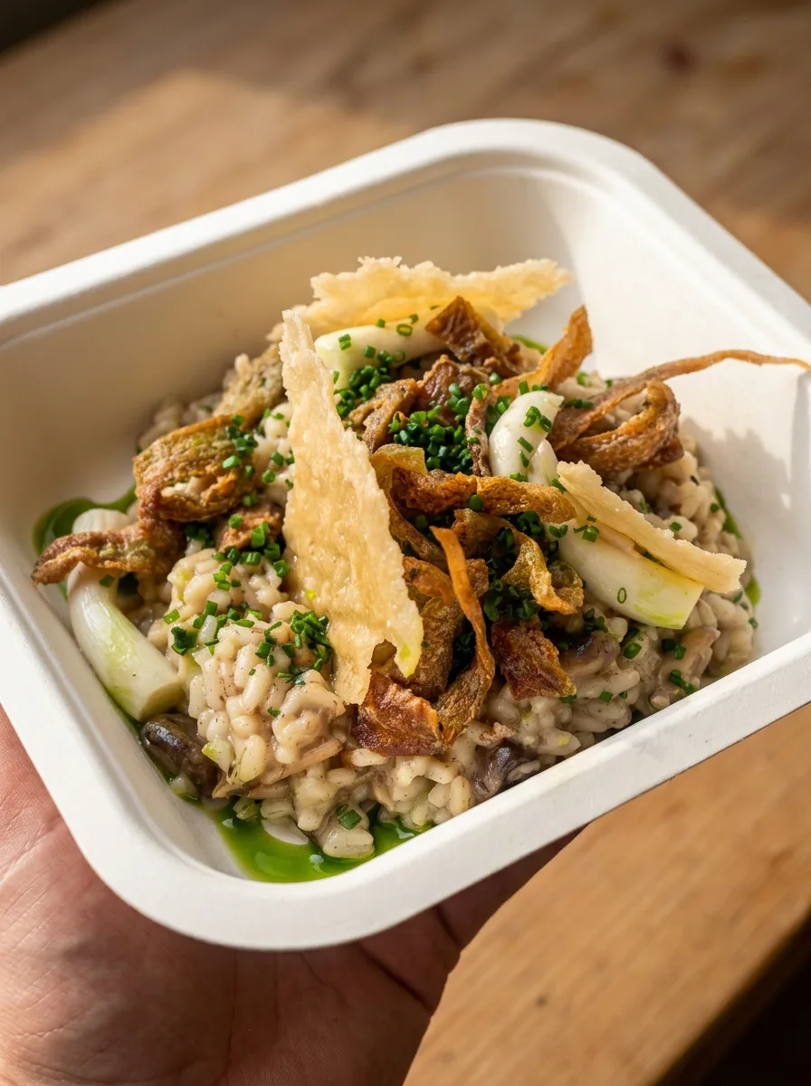 Wild mushroom barley risotto with crispy shallots