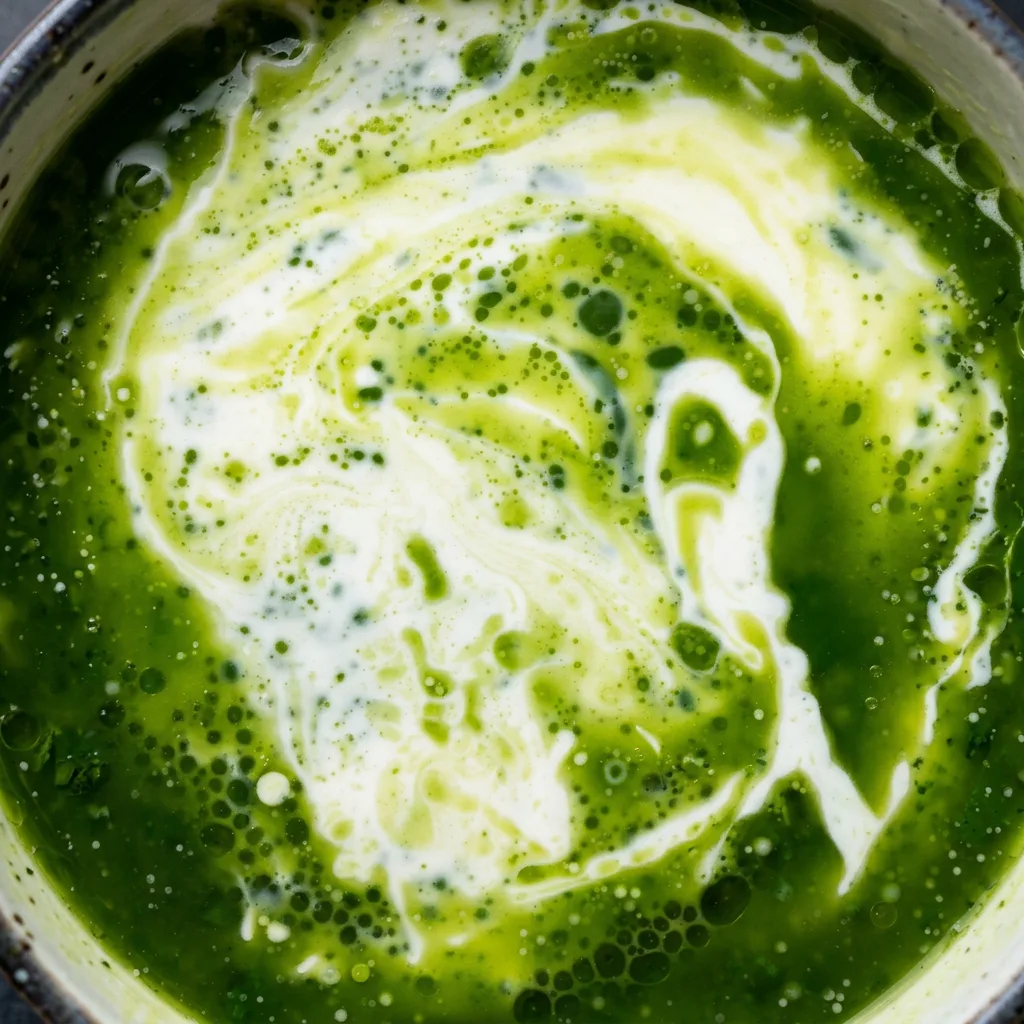 Vibrant pea velouté with cream swirl