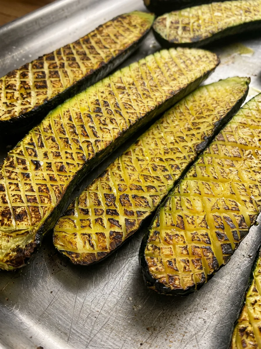 Cross-hatched courgettes roasted golden on a steel tray