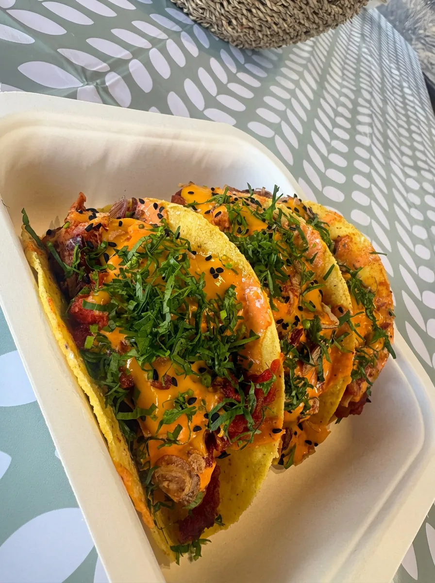 Loaded sriracha tacos with black sesame