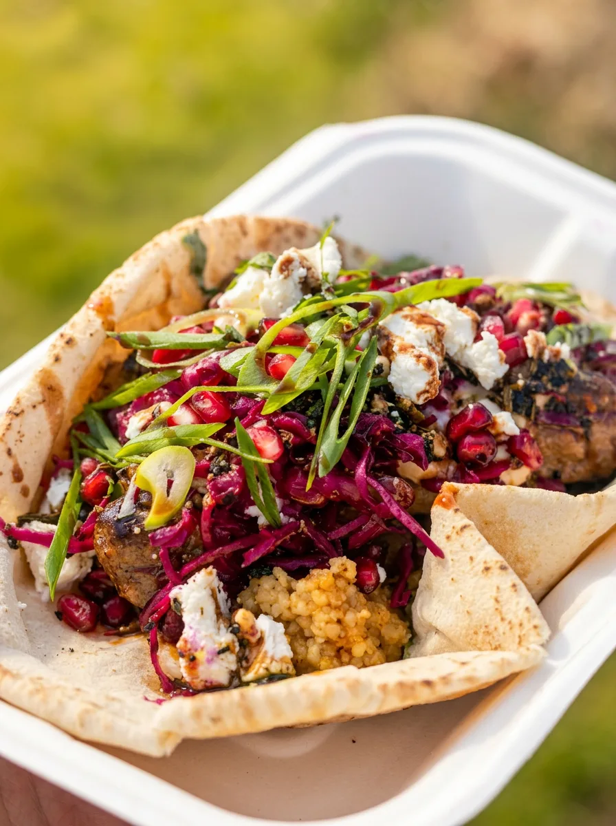 Lamb kofta flatbread with pomegranate slaw