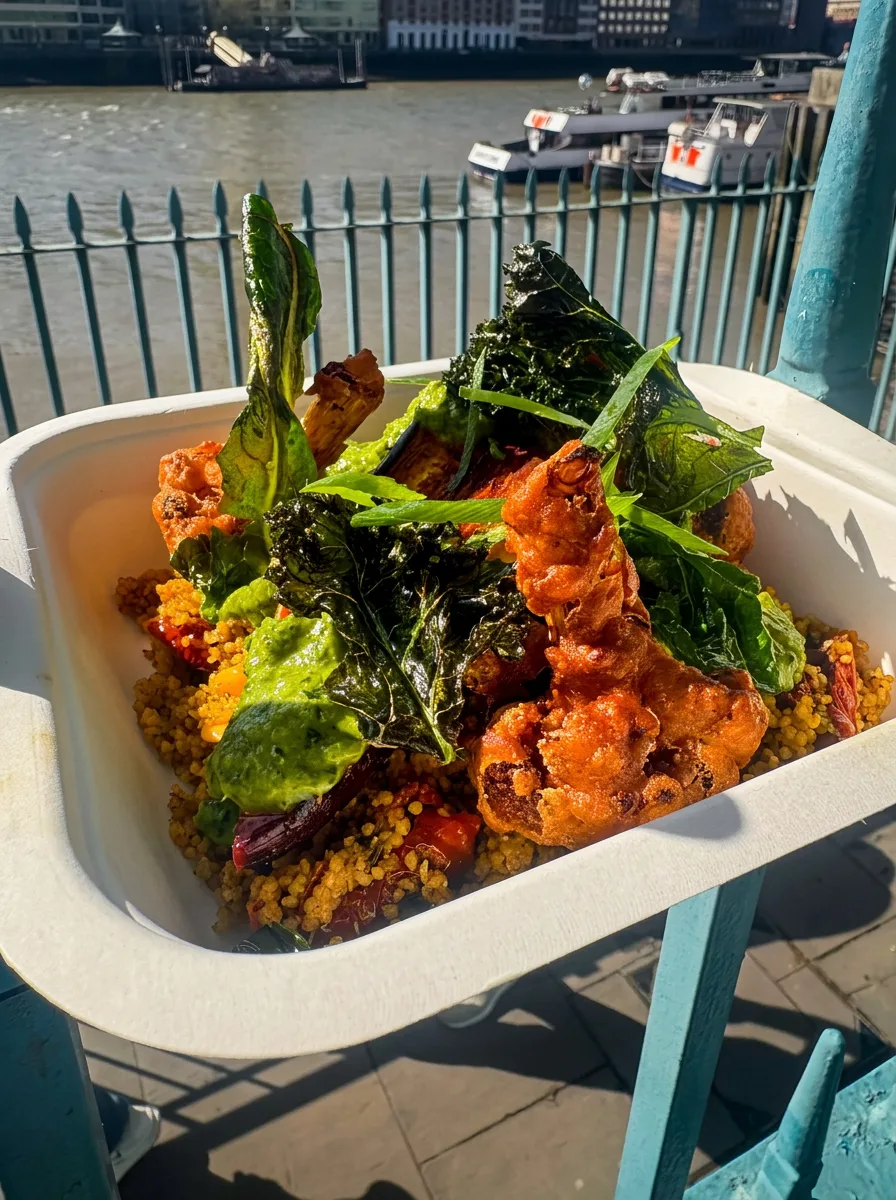 Spiced bhaji and crispy kale on herbed couscous by the Thames
